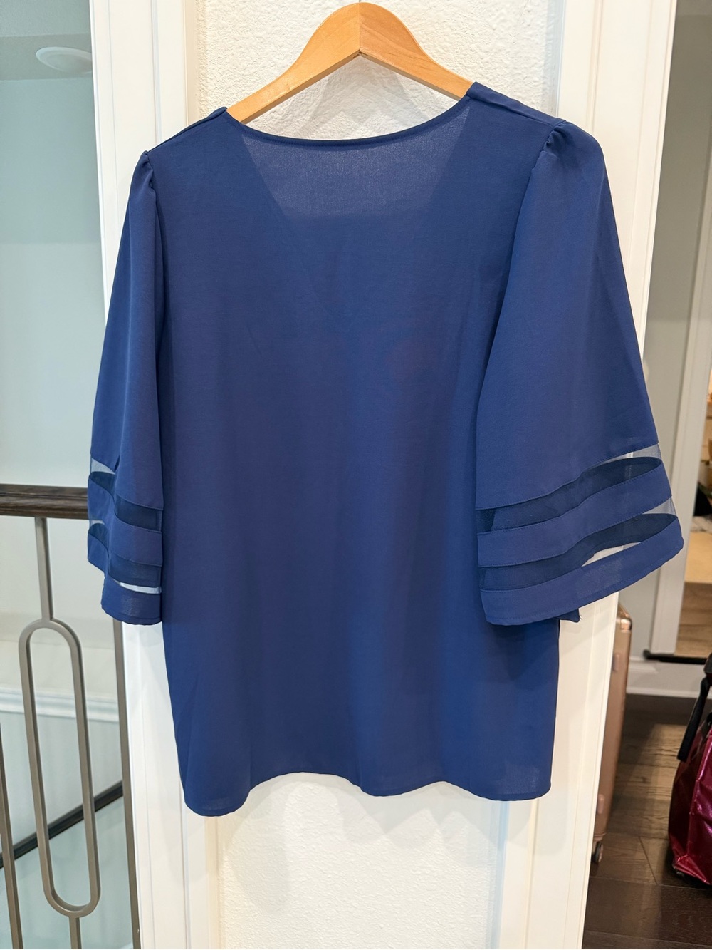 Blue V-Neck Blouse Mesh Inset Bell Sleeves Size Large - Picture 3 of 3